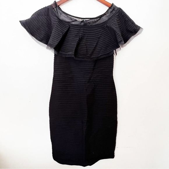 Tadashi Shoji Black Ruffle Off-the-Shoulder Pintuck Dress | Goth Chic | Size S - Picture 2 of 9